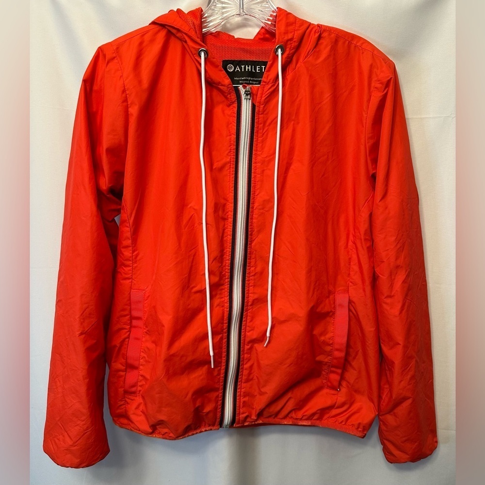 Athleta‎ Ascender Size Small Jacket Red Orange Hooded Windbreaker Striped Zipper